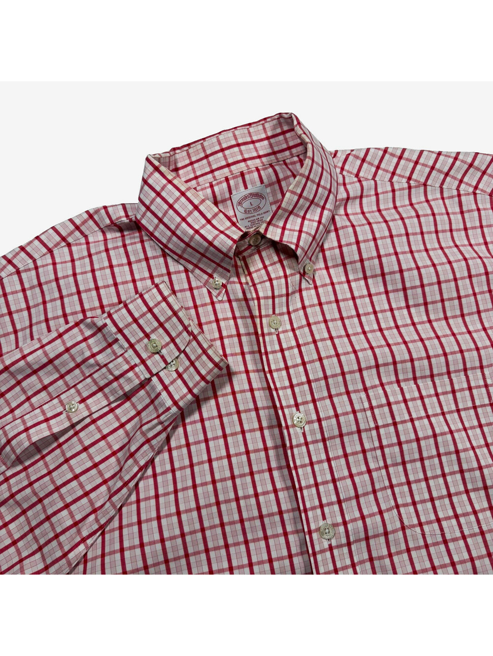 Brooks Brothers 1818 Men’s L Regular Fit Red White Check Non-Iron Cotton Shirt
